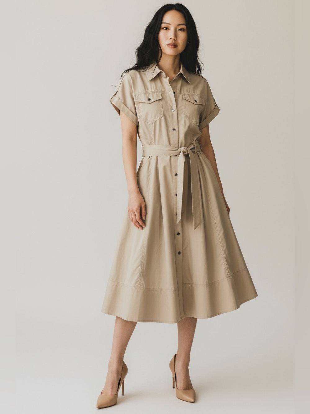 Karen Millen Tailored Cotton Safari Midi Shirt Dress with Tie Waist